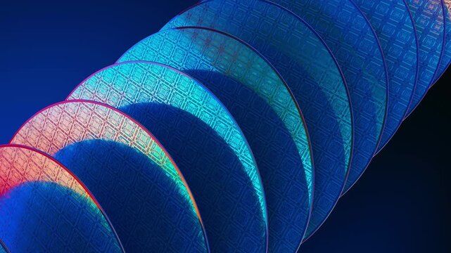 3D animated stack of silicon wafers with iridescent circuit patterns, seamless loop as a background for technology semiconductor AI and computing content 16:9