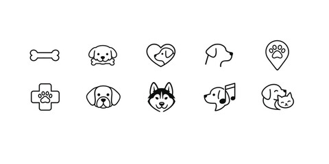 Dog Outline Veterinary Pet Care Line Icon Set with Bone, Puppy, Husky, Paw, Heart, Medical Cross, Location Pin, Music, and Pet Companion Symbols © Istiaq