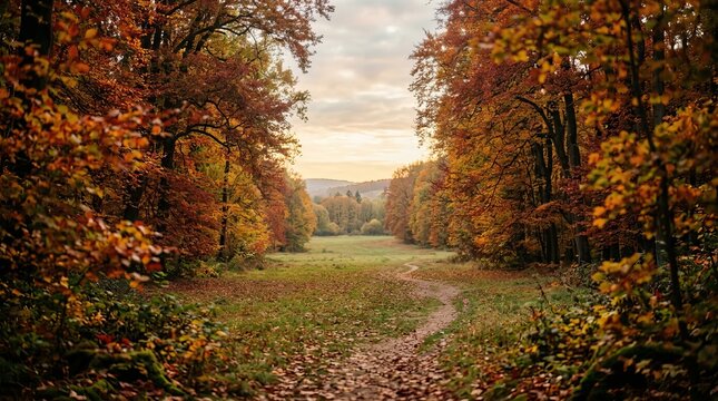 Forest path winding through vibrant autumn trees with golden and red foliage during fall season, sunlit clearing in distance, dappled light.