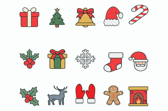 Cute Xmas Celebration Sticker Collection Vector Illustration. Cute Christmas holiday icon set collection featuring Santa hat, gift box, Christmas tree, reindeer, snowflake, candy cane, bell, gingerbre