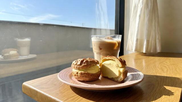 Delicious cream puffs filled with rich custard cream served with iced coffee by a cafe window under a clear blue sky, generative AI.