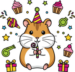 Naklejka premium Cute cartoon hamster celebrating a birthday party with party favors.