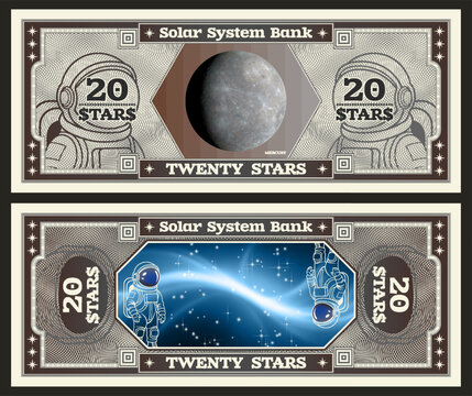 Vector obverse, reverse of space banknote. Denomination of 20 stars. Planet Mercury and blurred abstract blue cosmos. Astronaut and spacesuit, grid. Play money. Solar system bank. Twenty. Cosmic note