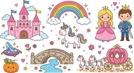 Fototapeta premium Cute Fairy Tale Vector Graphic Set with Pink Castle Rainbow Unicorn Princess Prince Pumpkin Carriage and Magic Glass Slipper Elements for Children Design