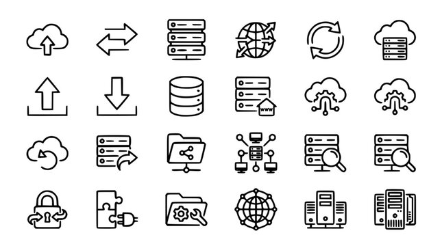 Cloud computing and database storage line icons set featuring server hosting data transfer security and network processing elements