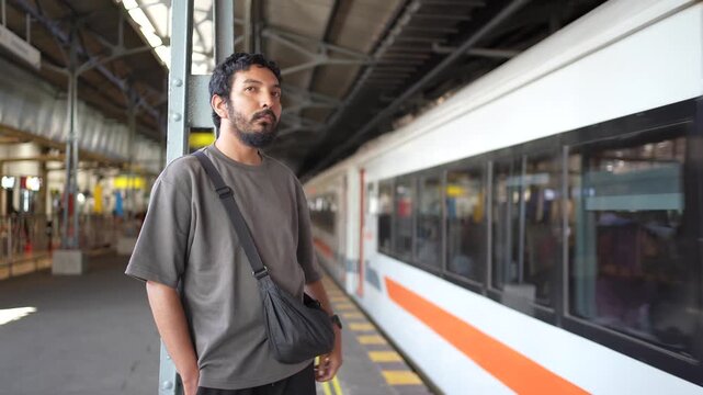 Asian traveler checking time while waiting for train at railway platform