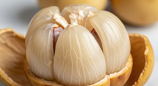 Peeled langsat fruit showing translucent segments and shell.