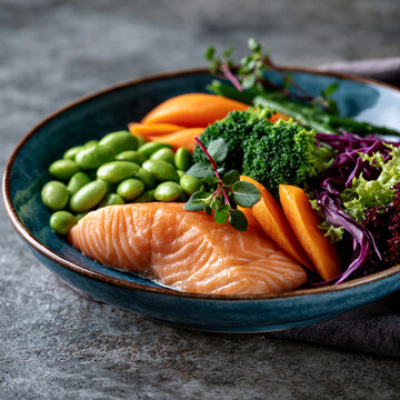 Blue ceramic bowl with salmon edamame and vegetables highlighting GLP1 friendly nutrition longevity wellness and clinical health