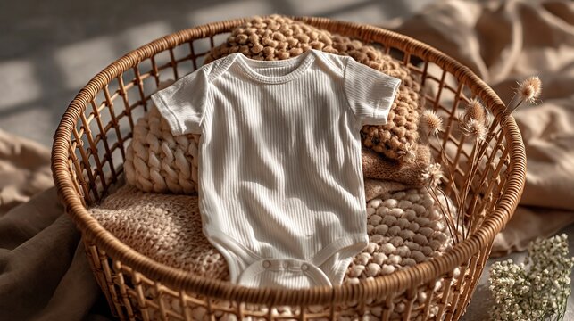 Cozy neutral newborn baby onesie bodysuit in woven basket with soft blankets and natural light
