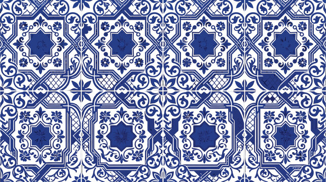 Blue and white seamless ceramic tile pattern with intricate floral geometric motifs in traditional Mediterranean style