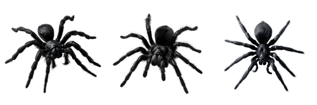 Set of A black tarantula spider in a defensive stance with raised front legs on transparent png background. Ai generated