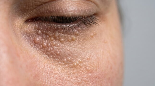 Close up of skin syringoma under eye with multiple small flesh colored papules