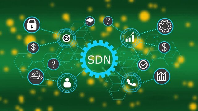SDN, business concept. Modern business technology interface with gears and digital network icons. 4k animation video
