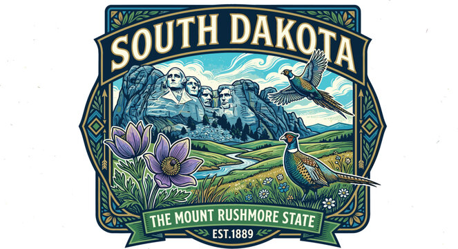 South Dakota Vintage Badge Vector Illustration Featuring Mount Rushmore Ring-Necked Pheasants Pasque Flowers and Scenic Prairie Landscape for Regional Tourism