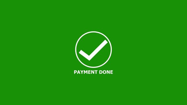 white check mark icon with payment done text animation on green background. Check mark animation motion. 4K Retro Motion Graphic Loop