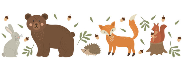 Fototapeta premium Border with woodland animals and forest elements. Horizontal pattern of bear, red fox, rabbit, hedgehog, squirrel , tree stump, leaves and acorns