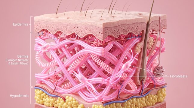 3D cross section anatomical diagram of skin structure with collagen network and fibroblasts