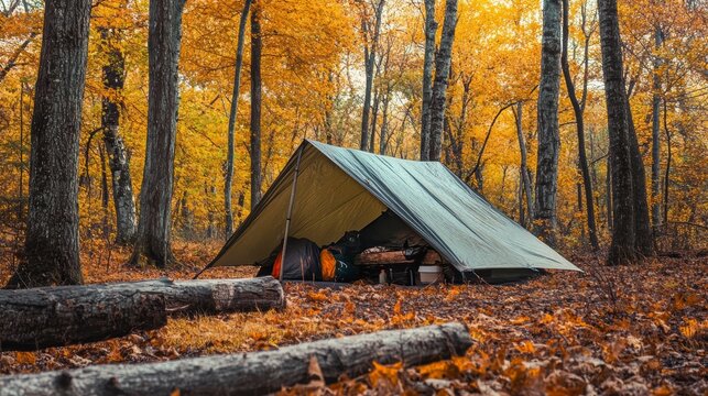 A tarp shelter pitched in an autumnal forest, surrounded by fallen leaves and logs. Gear is visible inside.