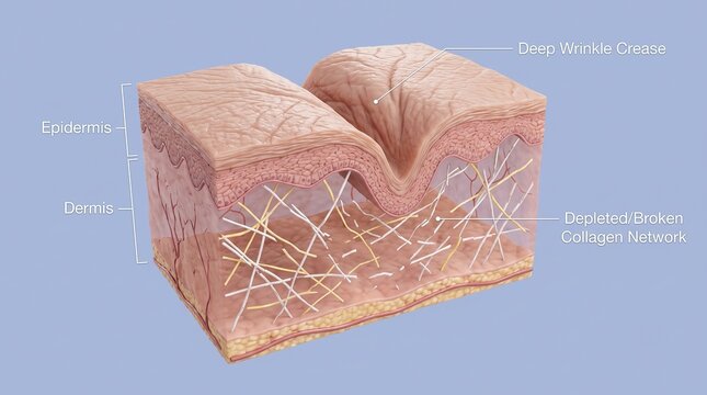 3D cross section diagram of deep wrinkle crease with broken collagen network