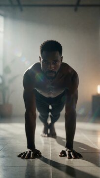 Muscular man performing a plank exercise in a sunlit gym studio with a focused and determined mood