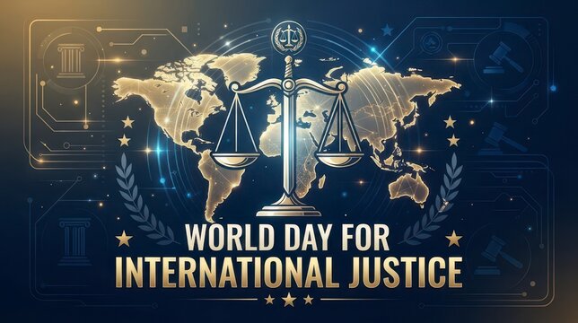 World Day for International Justice illustration with scales and globe