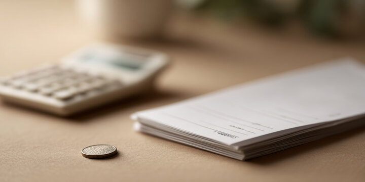 Financial documents with calculator and coin