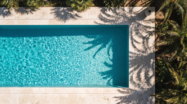 Top down aerial view of a luxury swimming pool with turquoise water and travertine tile deck, minimal tropical resort background with palm tree shadows, 3d render.