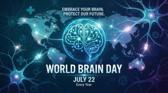 World Brain Day illustration with glowing neurons and globe