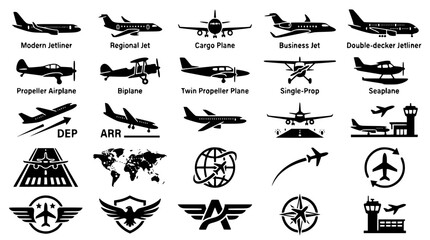 Aviation and airplane transport vector silhouette icon set featuring commercial jets biplanes runways and military emblems © AlviAhmed