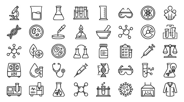Science laboratory and medical research line icon bundle with chemistry flasks microscopes DNA and biology equipment