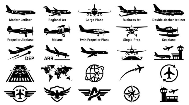Aviation and airplane transport vector silhouette icon set featuring commercial jets biplanes runways and military emblems