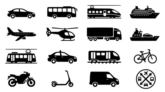 Public transportation and cargo vehicle vector silhouette icon set with car bus train plane and ship