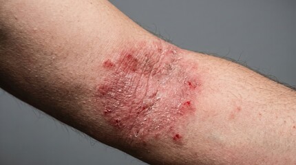 Fototapeta premium Close up of painful skin eczema rash with scaling cracks on human arm bend