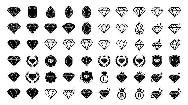Diamond cuts and gemstone shapes vector icon mega bundle featuring crystal jewelry silhouettes line art rings