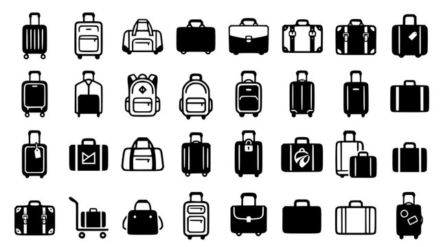 Travel luggage and suitcase vector icon collection featuring bags briefcases backpacks and rolling trolley baggage