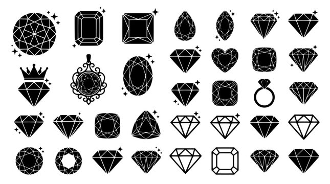 Diamond cuts and gemstone shapes vector icon collection featuring crystal jewelry silhouettes rings and pendant elements