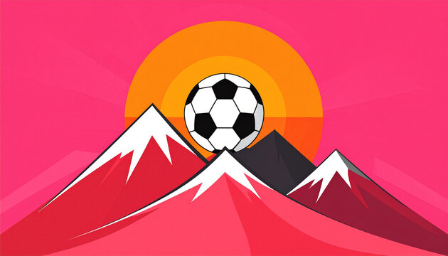A unique soccer logo featuring a soccer ball rising above stylized mountain peaks with a sunrise, premium outdoor sports branding, isolated on pink background