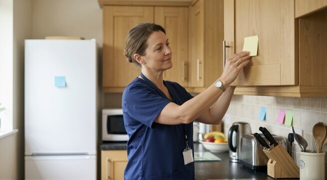 Caregiver placing sticky note reminder on kitchen cabinet. Nurse setting up memory aids for senior patient at home. Dementia support and homecare organization concept