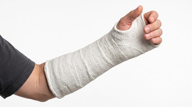 Close-up of a human arm in a white plaster orthopedic cast for bone fracture recovery and medical healing support