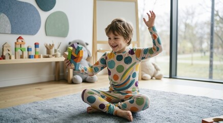 Fototapeta premium Happy child playing with colorful wooden blocks. Boy wearing dotted pajamas laughing on the floor. Creative childhood development