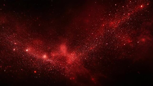 Red glowing particles scattered in a dark space resembling cosmic dust