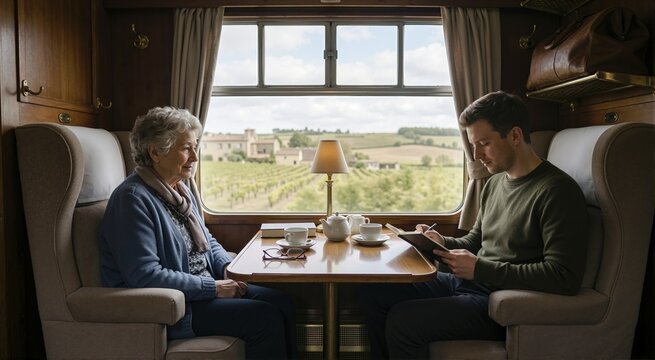 Elderly woman and young man sitting opposite each other in a classic train cabin. Grandson writing in a notebook while traveling with grandmother. Countryside vineyard view through the window