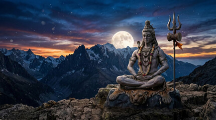 Fototapeta premium A meditation statue of Shiva sits on a mountain peak at sunset, symbolizing spirituality, serenity, and cosmic power under a starry sky