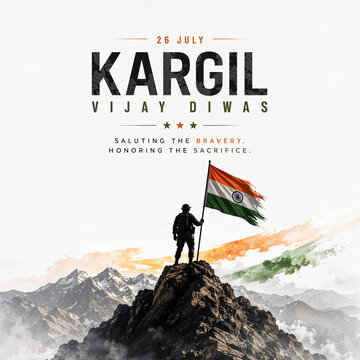 Indian soldier standing on mountain peak with flag on Kargil Vijay Diwas
