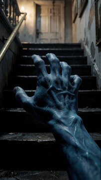 Creepy monster hand reaching up dark wooden stairs in a mysterious abandoned house interior scene