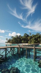 Fototapeta premium Wooden pier extending over clear turquoise tropical ocean water under a bright blue sky with clouds