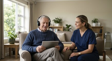 Fototapeta premium Older man listening to music on a tablet with headphones. Smiling female caregiver in scrubs supporting a senior adult in a bright living room
