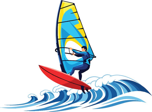 Dynamic Windsurfer Riding Ocean Waves with Vibrant Sail.