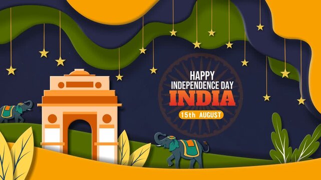 4K India Independence Day loop video in layered paper cut style featuring India Gate, moving elephants, hanging gold stars, tricolor waves, and dynamic text for screens, events, and digital ads.