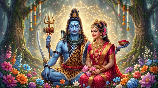 Vibrant deity couple in garden, symbolizing divine union, spirituality, and peace. Majestic, serene, and spiritual portrayal of Hindu deities.